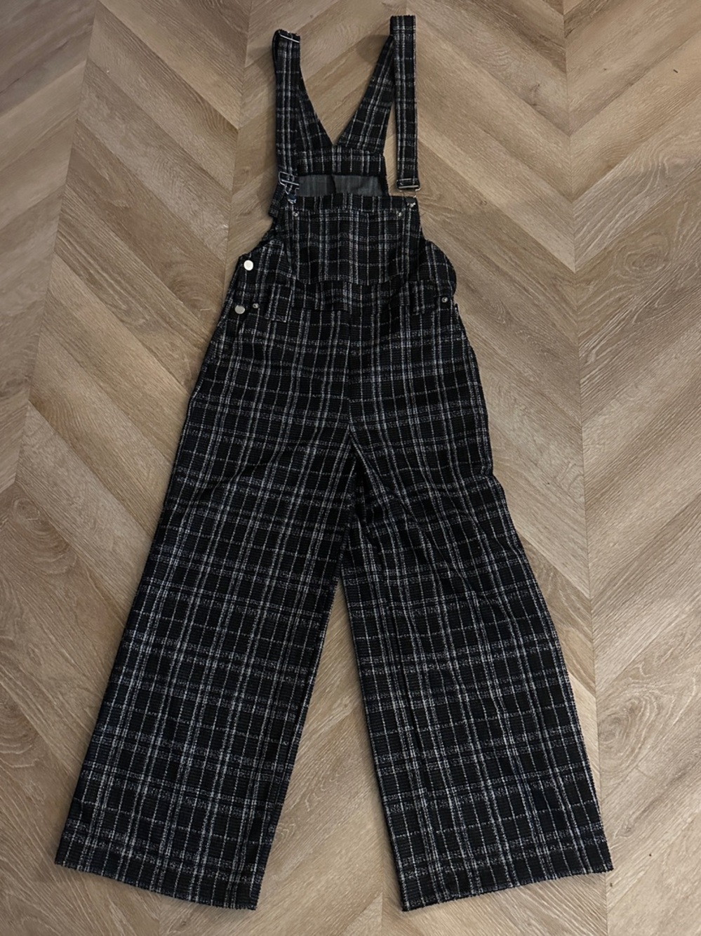 Plaid Wide-Leg Overalls - Black